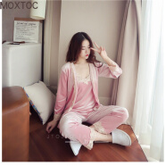 MOXTOC睡衣女冬金丝绒女士加厚三件套家居服吊带长袖长裤套装 粉红色 L（100-115斤）