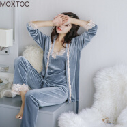 MOXTOC睡衣女冬金丝绒女士加厚三件套家居服吊带长袖长裤套装 灰色 L（100-115斤）
