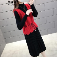 艾珠儿针织连衣裙秋冬季女装新款韩版时尚显瘦套装裙减龄中长款裙子女 红色 均码（建议80-140斤）