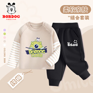 巴布豆男童套装春款中小童宝宝春装可爱假两件打底衫时尚纯棉百搭童装 卡其 巴布木板怪兽+黑 挤眼巴布X 90