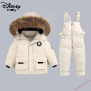 迪士尼（Disney）宝宝羽绒服特厚套装2024新品冬装儿童保暖滑雪服男女童韩版两件套 2310白色 大貉子毛 90 cm