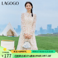 lagogo拉谷谷蝴蝶结泡泡袖雪纺碎花A字长袖清爽连衣裙女好搭 混色(Y0) 155/S/36