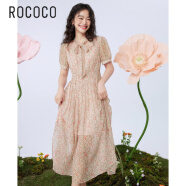 ROCOCO夏装新品收腰系带领减龄甜美碎花长款雪纺连衣裙女 花色 S