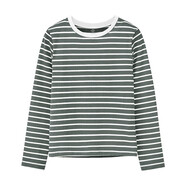假日概念棉条纹长袖t恤女修身2025早春新款圆领内搭棉横条打底衫上衣 灰底白条 XL