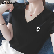 WABAOLI高端品牌 时尚T恤女短袖2024夏季新款韩版宽松印花休闲V领上衣潮 黑色（侧边字母C款） S（建议身高100斤以内）