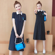 薇洛萱（WeiLuoXuan）polo短袖t恤连衣裙2025夏天季新款棉条纹口袋字母过膝中长裙子968 藏青色 L 建议105-115斤