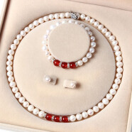 瑞诺珍珠项链馒头圆妈妈款送婆婆长辈吊坠中老年人实用生日新年礼物 珍珠红玛瑙三件套