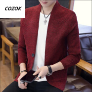 COZOK 2022新品春秋季男装衣服 条纹针织衫开衫青年毛衣 薄款立领外套 酒红色 4XL
