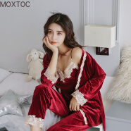 MOXTOC睡衣女冬金丝绒女士加厚三件套家居服吊带长袖长裤套装 酒红色 XL（115-130斤）