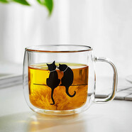 美斯尼 咖啡杯玻璃杯双层水杯泡茶玻璃办公杯子果汁杯牛奶杯加厚带把手 双柱猫咪杯 300ml 1只