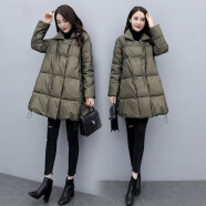 澜思莉（LANSILI）女士棉服中款新款韩版A字版棉衣冬季宽松时尚洋气中长款棉袄外套 军绿色 M(118斤以下)
