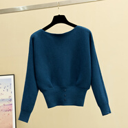 篇幅衫毛衣一字领蝙蝠袖长袖针织衫女扁福早秋显瘦韩版短款百搭纯色上衣 牛仔蓝 均码