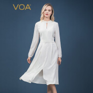 VOA36姆米重磅丝绸纯色立领透视长袖中腰弹力大摆桑蚕丝连衣裙 A6325 流光白(02) 170/XL
