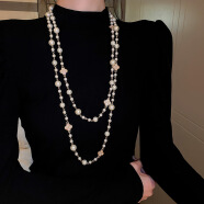 昇南韩国镶钻花朵珍珠长款项链时尚气质感毛衣链新款小众项饰 项链-白色