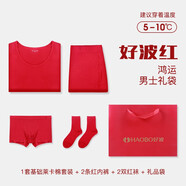 好波2026本命年大红色棉质内衣内裤袜子组合结婚内衣马年秋衣秋裤套装 男莱卡套装1和内裤2和红袜2 2XL (175)