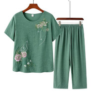 熙线（Xixian）【上衣+裤子】印花民族风短袖妈妈装夏季套装女 绿色菊花图案 XL建议(80-105斤)