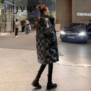 JVH香港潮牌亮片拼接羽绒服女  冬季新款中长款宽松显瘦加厚亮面外套 黑色 XS