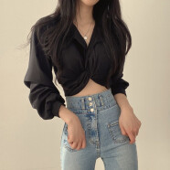 紫伶语 韩国chic法式小众设计感后背系2024年春季短款衬衫上衣女 黑色 M
