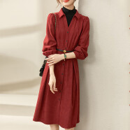 尚都比拉秋冬红色衬衫连衣裙气质女神范中长款假两件针织裙 红配黑 XL 