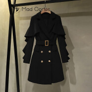 Mad Cortes 原创设计感优雅气质秋季新款荷叶袖修身连衣裙女收腰职业西装裙 黑色 M
