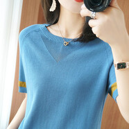 XEHCI短袖T恤女欧洲站冰丝夏季年新款女装欧货宽松针织上衣女 350雾霾蓝 #M【建议85-105斤】