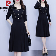 皮尔卡丹（pierre cardin）法式长袖连衣裙女士大码秋季2026新款女装洋气妈妈西装领裙子 2号 黑色 XL 建议120-130斤