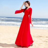 闽悦沙滩裙冬天海南三亚海边度假休闲旅游女士穿搭波西米亚长修身显瘦 红色 S (85-100斤)