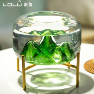 洛鲁玻璃鱼缸桌面圆形小型创意精致雪山金鱼缸迷你水族客厅摆件 绿色雪山+底座