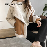 HK JACK TAO 夹克 香港潮牌羊羔绒机车外套女装冬季新款百搭休闲显瘦加厚毛绒上衣 卡其 M