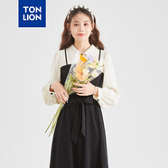 唐狮拼接假两件连衣裙春夏女长袖收腰显瘦衬衫裙 黑色 M