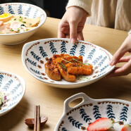 舍里 日式餐具复古小花创意粗陶碗甜品糕点心双耳菜盘子饭碗花边碗 9.2寸椭圆盘