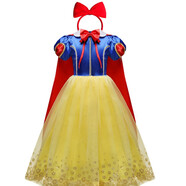 GEE-AZZY女童圣诞节白雪公主礼服泡泡袖长款披肩蓬蓬裙烫金花朵连衣裙