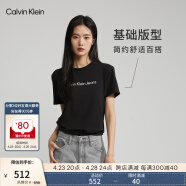 Calvin Klein  Jeans夏季女士经典百搭圆领简约印花微弹休闲短袖T恤J219146 BEH-黑色 S （推荐85-100斤）