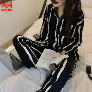 猫人（MiiOW）韩版棉质睡衣女春秋2023年新款家居服长袖套装女款 长袖不规则条纹 M