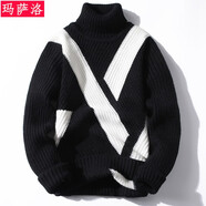 玛萨洛2025冬季新款男士百搭可翻高领加绒加厚毛衣潮流青少年学生针织衫 黑白色 M