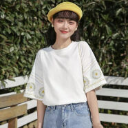 昏镜夏季纯棉新款女装宽松小众设计感露肩喇叭袖短袖T恤女上衣潮 白色 M （85-105）斤