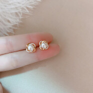 月随人 韩国珍珠耳环女复古法式优雅气质高级感耳钉耳饰潮 玫瑰金