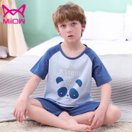 猫人 MiiOW 儿童睡衣纯棉男童短袖套装夏季T恤两件套中大童家居服 蓝色熊猫 150