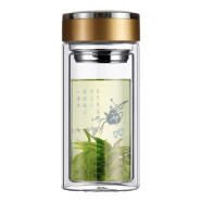 渊之源（YUANZHIYUAN）迷你小号双层玻璃杯口袋泡茶水杯子无过滤批量定制广告logo车载 6.6*15普款塑盖带网-随机花 220ml