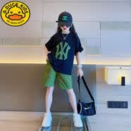 G.duck小黄鸭女童夏装套装26新款儿童夏季洋气童装大童运动短袖短裤夏款 黑色套装 160 cm(160cm)