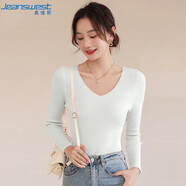 真维斯（JEANSWEST）针织衫女2025春夏修身V领长袖打底针织衫内搭上衣女白色均码