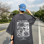 主意范（ZHUYIFAN）哆啦A梦T恤短袖男夏季青少年美式潮流圆领纯棉宽松卡通五分袖上衣 深灰色 S