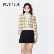 FivePlus羊毛针织衫女2024春季新款女装毛衣含马海毛V领格子短开衫 卡其 S