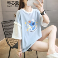 韩芯漫夏天衣服女装初中生高中女生短袖t恤女时尚宽松夏季半截袖女韩版学生学院风少女中袖上衣潮流 浅蓝色 M