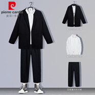 皮尔卡丹【三件套】西服套装男春秋季时尚韩版潮流修身帅气小西装上衣裤子 九分裤黑色外套+白衬衫+黑裤子 XL