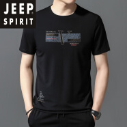 Jeep吉普冰丝短袖T恤男士夏季新款潮流休闲印花体恤衫圆领薄款半袖上 8082-黑色 M