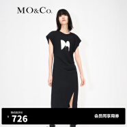 MO&Co.印花小飞袖高腰捏褶不规则开叉小众气质连衣裙女 黑色-第1批 XS/155