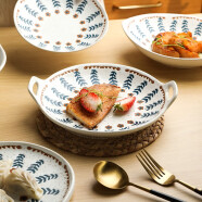 舍里 日式餐具复古小花创意粗陶碗甜品糕点心双耳菜盘子饭碗花边碗 9.2寸双耳盘