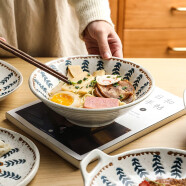 舍里 日式餐具复古小花创意粗陶碗甜品糕点心双耳菜盘子饭碗花边碗 8寸螺纹碗