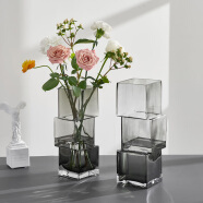 ns风玻璃花瓶透明高档轻奢摆件创意客厅插花高级感网红花瓶 异形方块烟灰小号